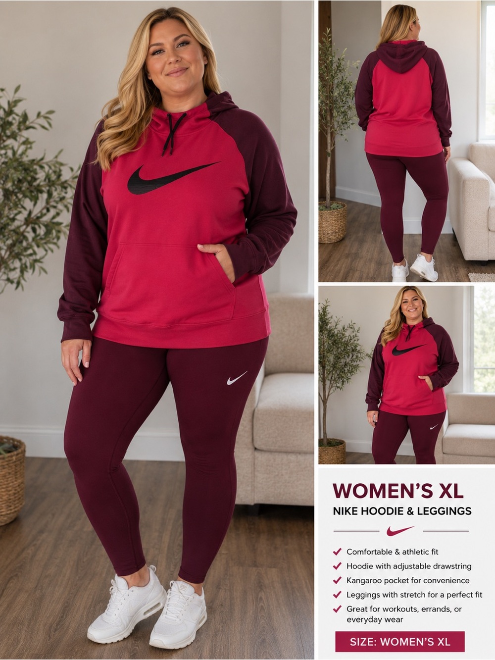 Nike Women's Xl Hoodie & large Leggings Set in Burgundy and Maroon